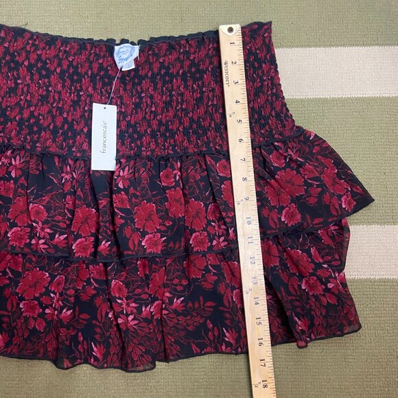 Francesca's Size L Smocked Tired Mini Skirt Red Black Dark Floral Romantic Fairy - Picture 6 of 7
